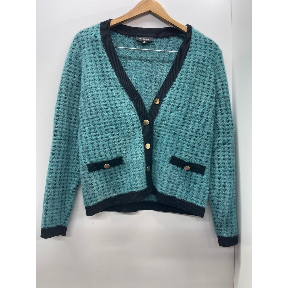 Calligraphie Womens Teal Black Fuzzy Knit Button Front Cardigan Sweater Size S
